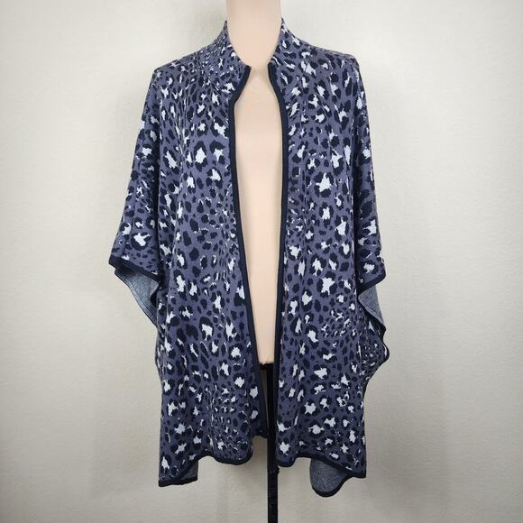 Jones New York Grey Black Leopard Cheetah Print Zip Shawl Sweater - Picture 2 of 9